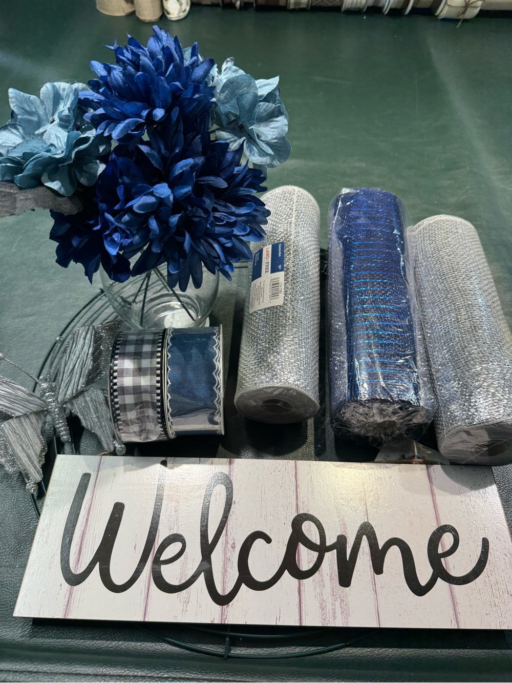Welcome Home Party Decor Bundle in Blue with Faux Florals and Ribbon